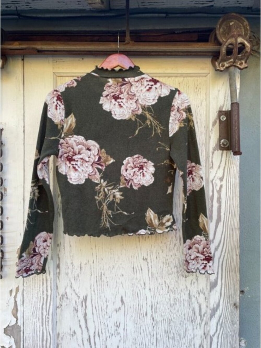 Charlotte Russe Knit Top Women's Large Green Flower Print Long Sleeve Grannycore